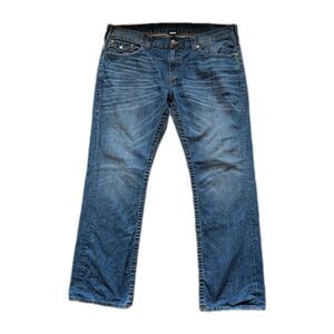 True Religion Men's Blue Jeans Size 40 (42x34) Straight Leg Cut Wide Cuff Denim